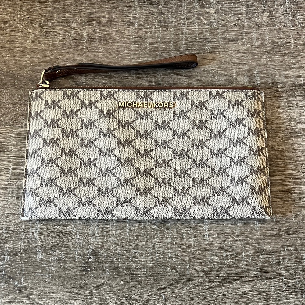 Michael Kors Brown and Cream Logo Clutch